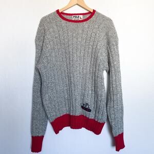 Vintage Polo Ralph Lauren Large Cotton Crewneck Sweater Cable Gray Red 90s